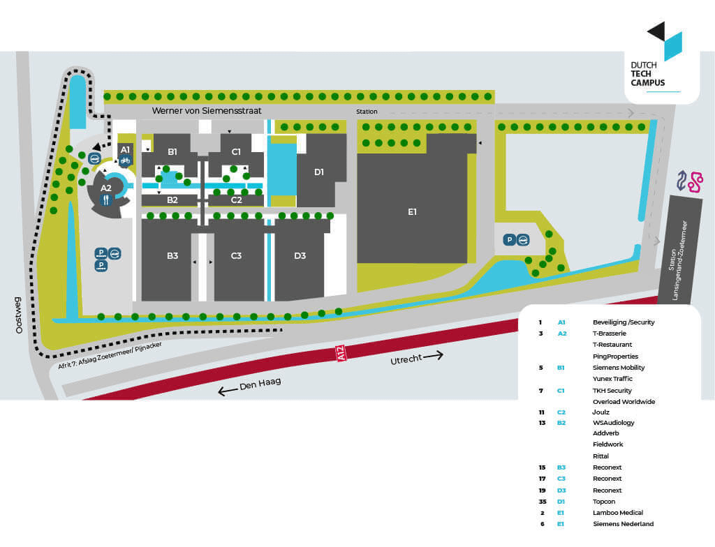 Site map of the Dutch Tech Campus showing buildings A1–D3, roads, trees, water features, and a legend in the bottom-right corner